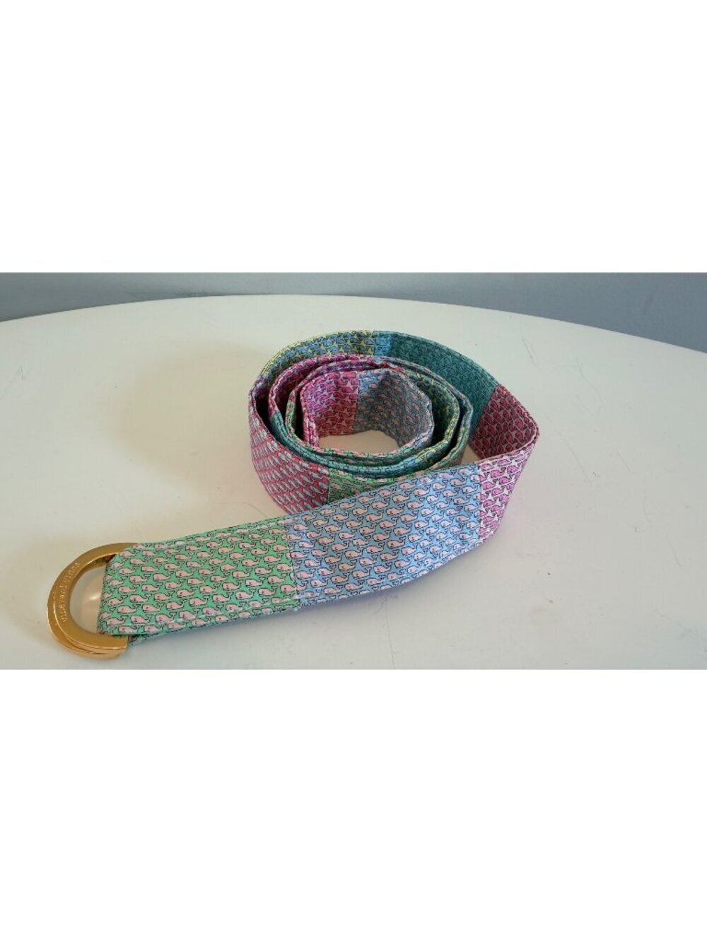 Vineyard Vines Patchwork Whale Design Silk D-Ring Belt Large Adjustable Preppy